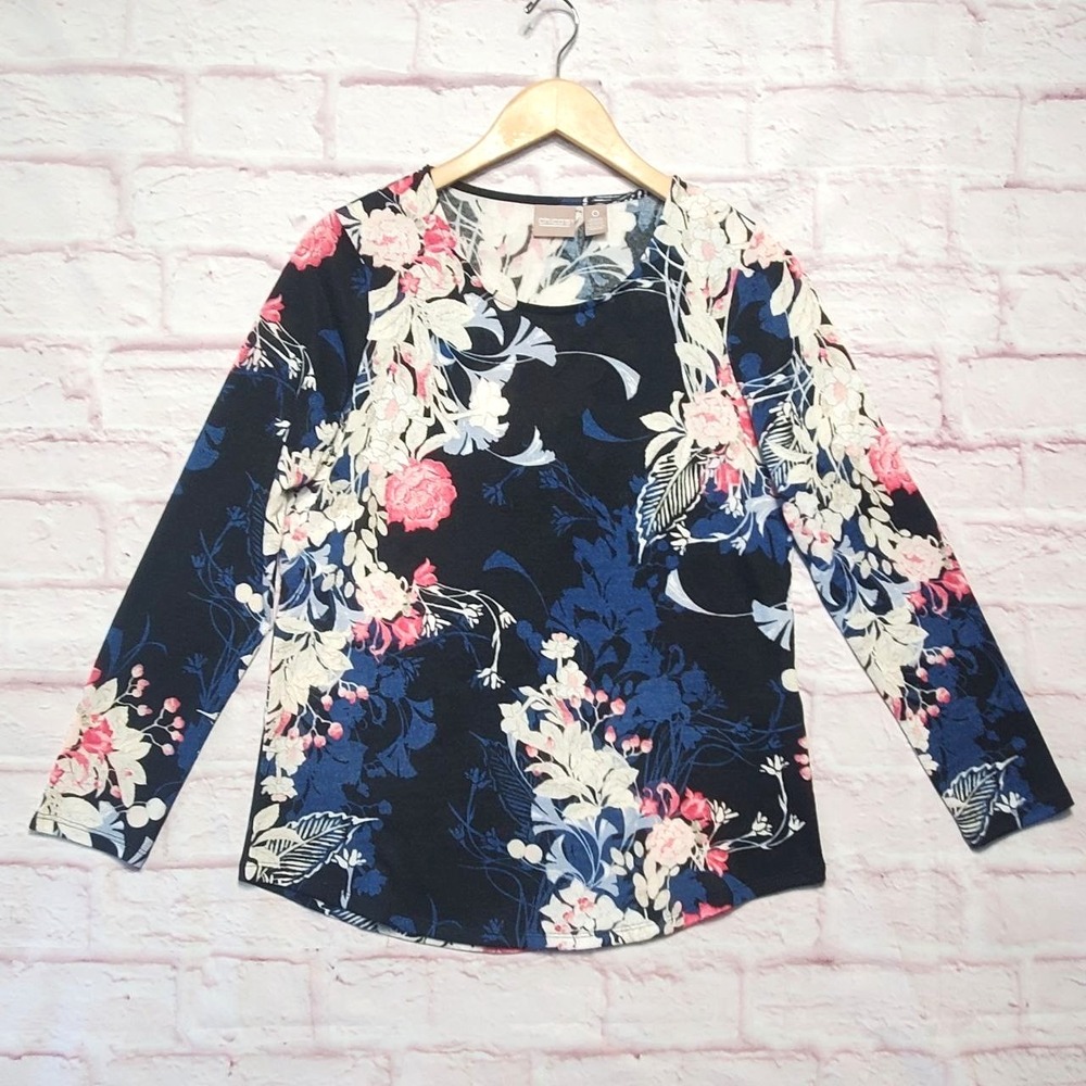 Chicos‎ Blue Pink Floral Long Sleeve Romantic Feminine Casual Shirt Womens Small